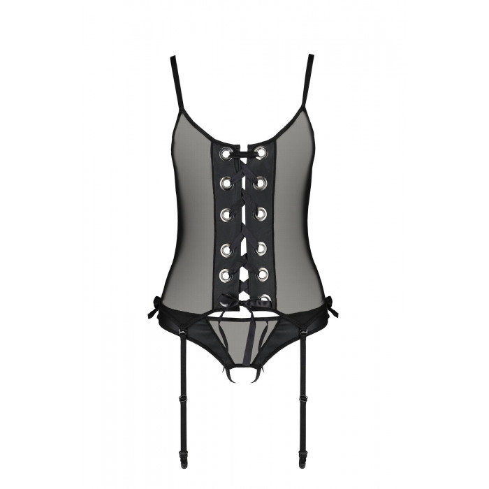 Корсет со шнуровкой Passion NESSY CORSET L/XL black, стринги с открытым доступом, пажи для чулок