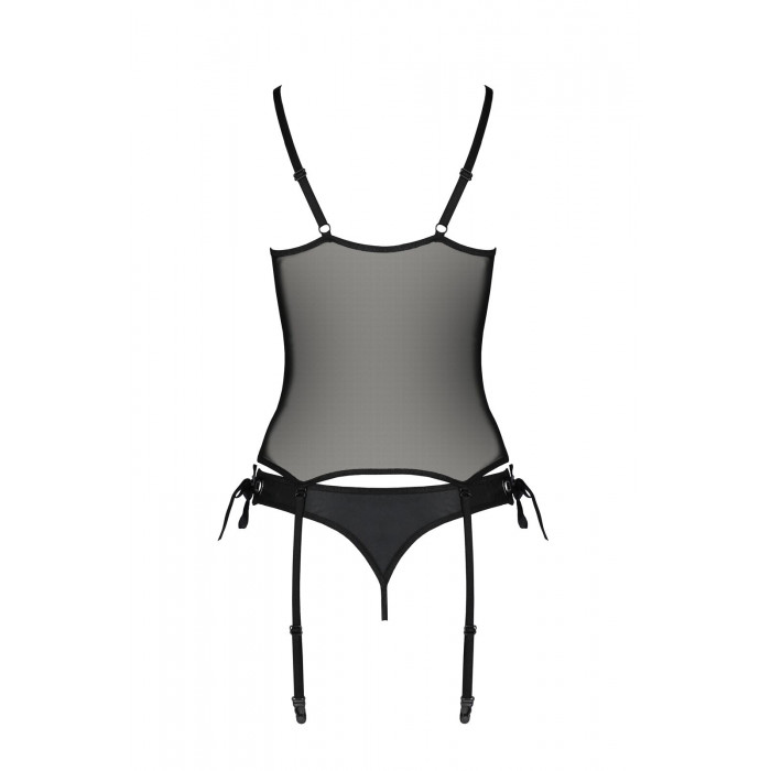Корсет со шнуровкой Passion NESSY CORSET L/XL black, стринги с открытым доступом, пажи для чулок