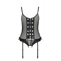 Корсет со шнуровкой Passion NESSY CORSET S/M black, стринги с открытым доступом, пажи для чулок