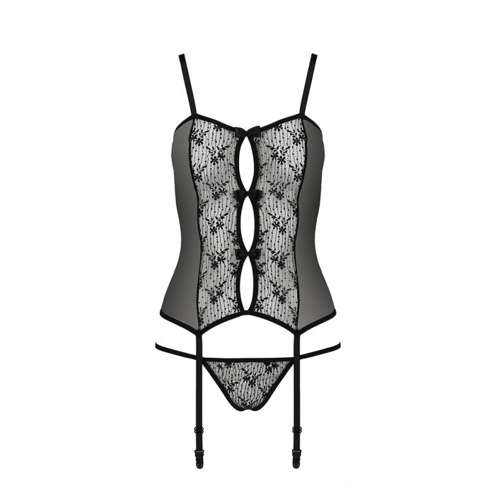 Корсет с пажами GRACIA CORSET black L/XL Passion, трусики, полупрозрачный