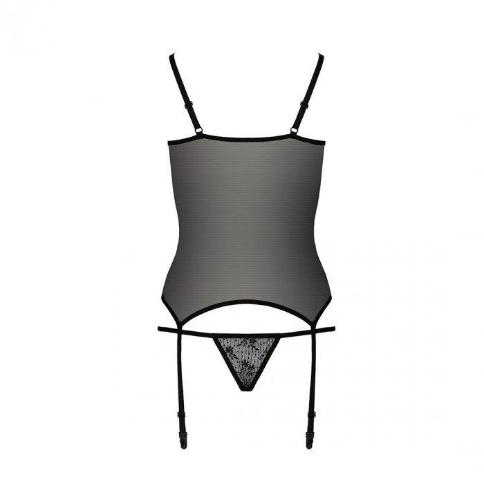 Корсет с пажами GRACIA CORSET black L/XL Passion, трусики, полупрозрачный