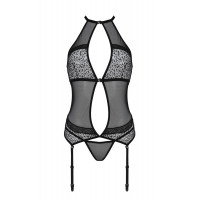 Корсет с пажами Passion SATARA CORSET S/M black, стринги, кружево, застежки спереди и сзади