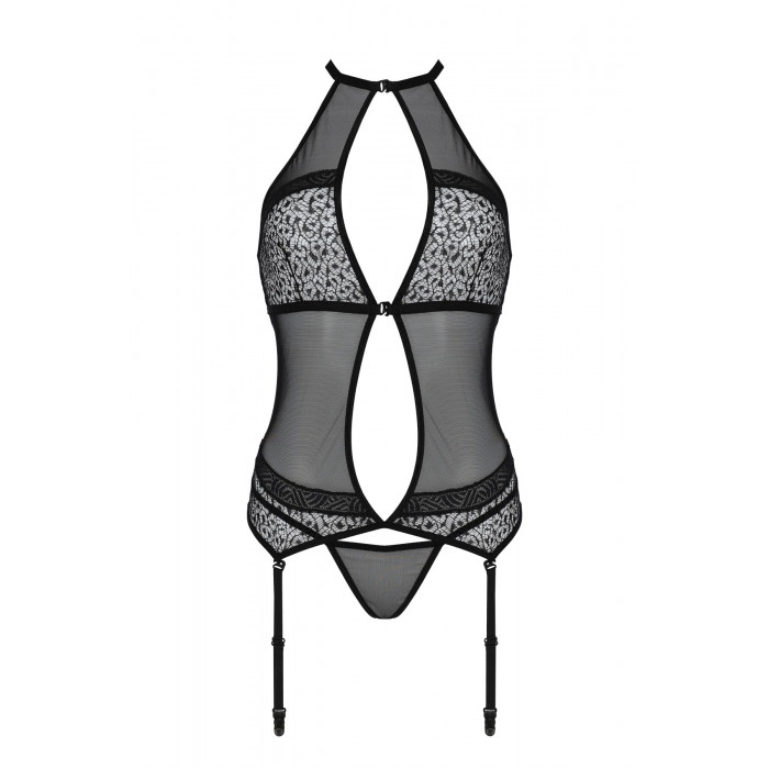 Корсет с пажами Passion SATARA CORSET XXL/XXXL black, стринги, кружево, застежки спереди и сзади