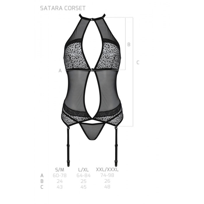 Корсет с пажами Passion SATARA CORSET XXL/XXXL black, стринги, кружево, застежки спереди и сзади