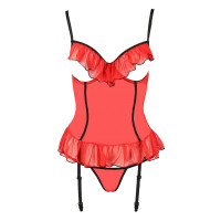 Корсет с открытой грудью CHERRY CORSET red S/M - Passion Exclusive, трусики, пажи, стрэпы, оборочки