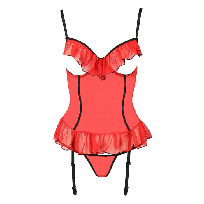 Корсет з відкритими грудьми CHERRY CORSET red S/M - Passion Exclusive, трусики, пажі, стрепи, оборки