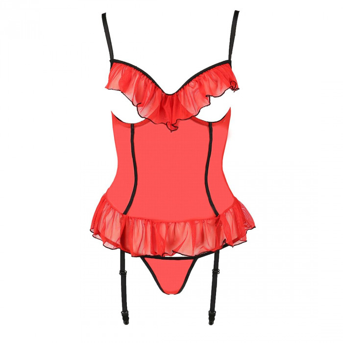 Корсет с открытой грудью CHERRY CORSET red XXL/3XL -Passion Exclusive, трусики, пажи, стрэпы, оборки
