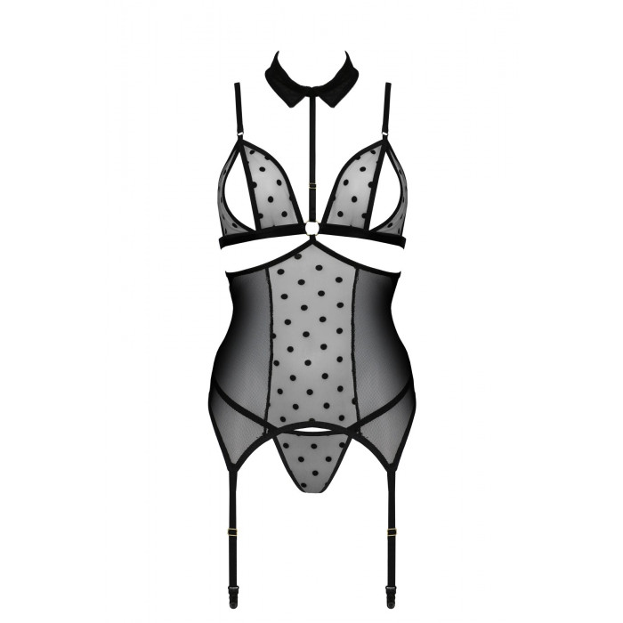 Корсет с открытой грудью Passion DOMINICA CORSET XXL/XXXL black, пажи для чулок, стринги