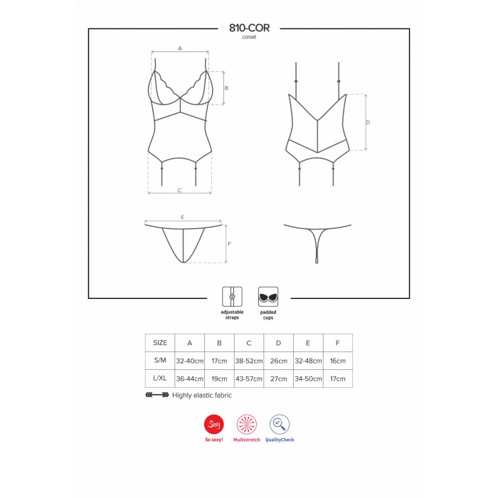 Сатиновий мереживний корсет Obsessive 810-COR-1 babydoll & thong S/M, чорний, корсет, танга
