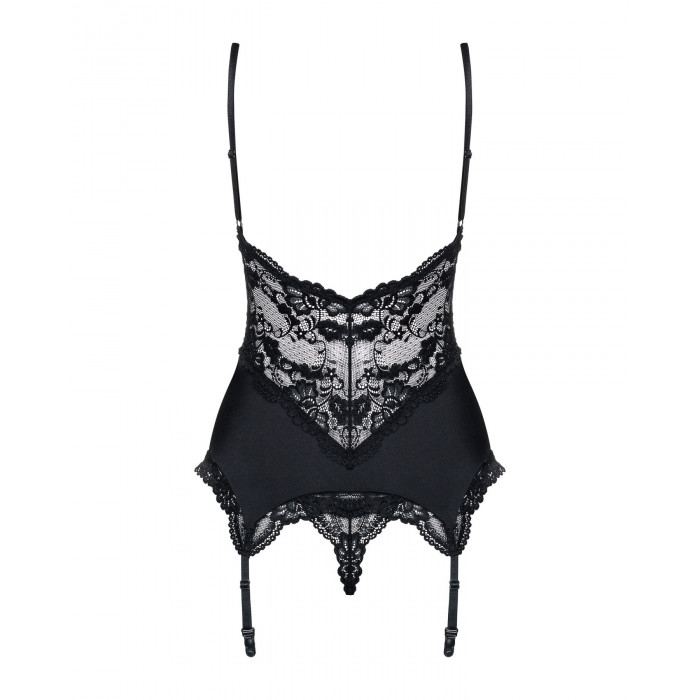 Сатиновий мереживний корсет Obsessive 810-COR-1 babydoll & thong L/XL, чорний, корсет, танга