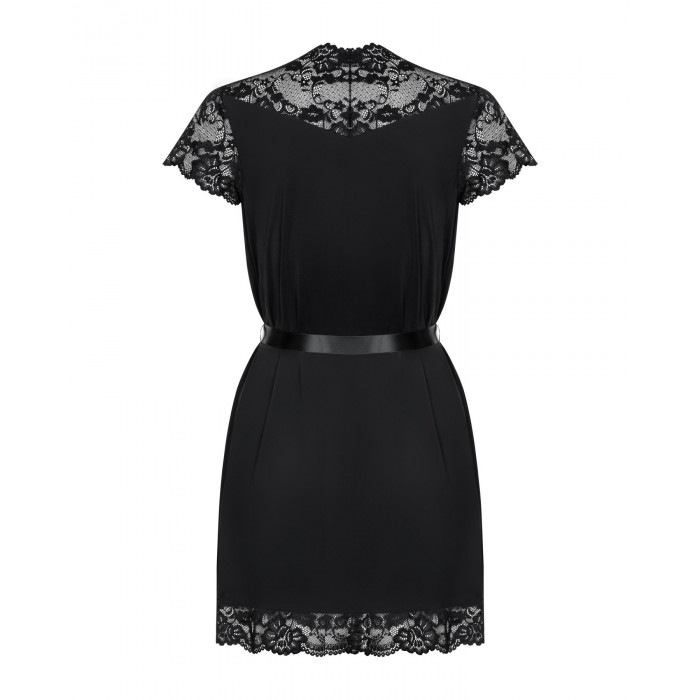 Сатиновий відкритий пеньюар на поясі Obsessive 810-PEI–1 peignoir black L/XL, чорний