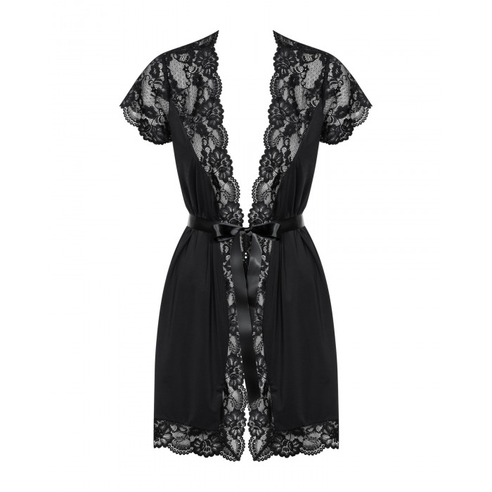 Сатиновий відкритий пеньюар на поясі Obsessive 810-PEI–1 peignoir black 2XL/3XL, чорний
