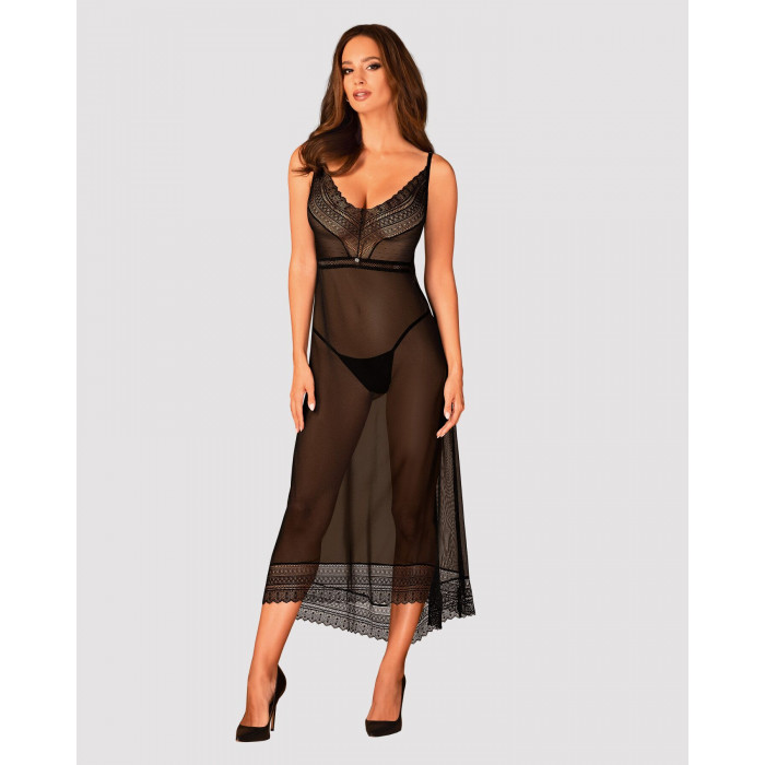 Напівпрозора довга сорочка Obsessive Estiqua chemise M/L, чорний, асиметричний крій