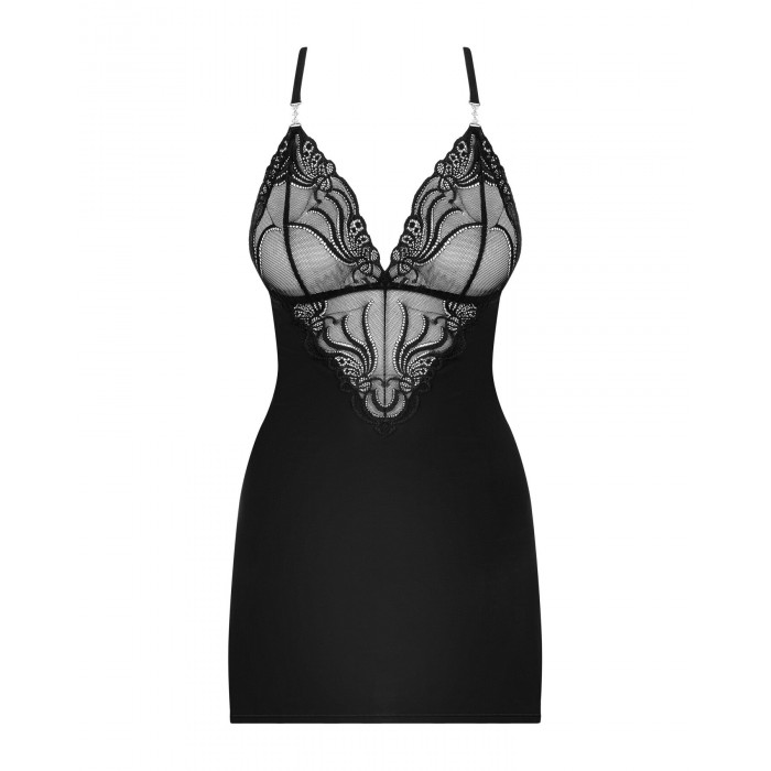 Сатиновий комплект для сну з мереживом Obsessive 828-CHE-1 chemise & thong L/XL, чорний, сорочка, ст