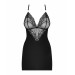 Сатиновий комплект для сну з мереживом Obsessive 828-CHE-1 chemise & thong L/XL, чорний, сорочка, ст