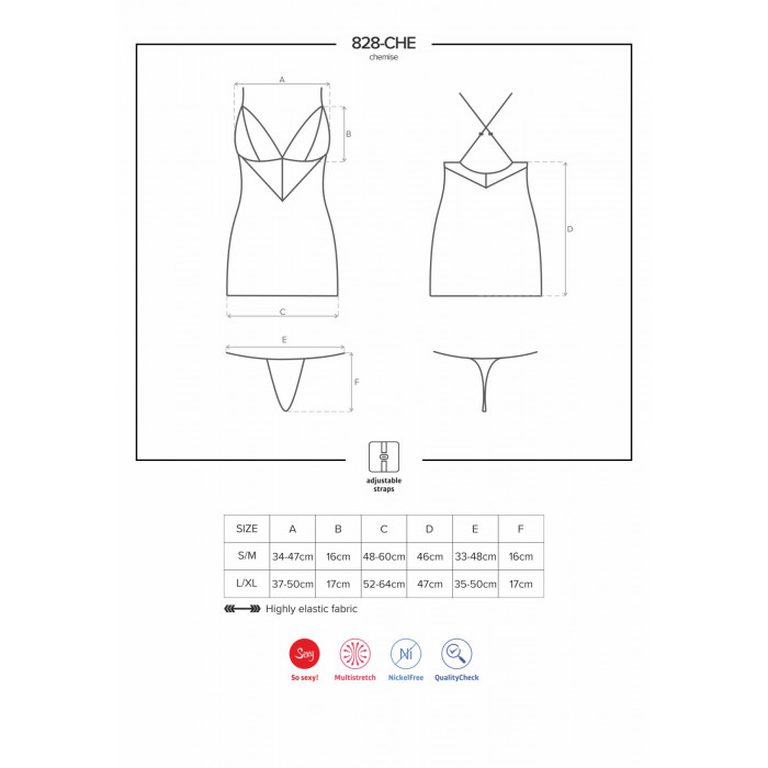 Сатиновий комплект для сну з мереживом Obsessive 828-CHE-1 chemise & thong L/XL, чорний, сорочка, ст