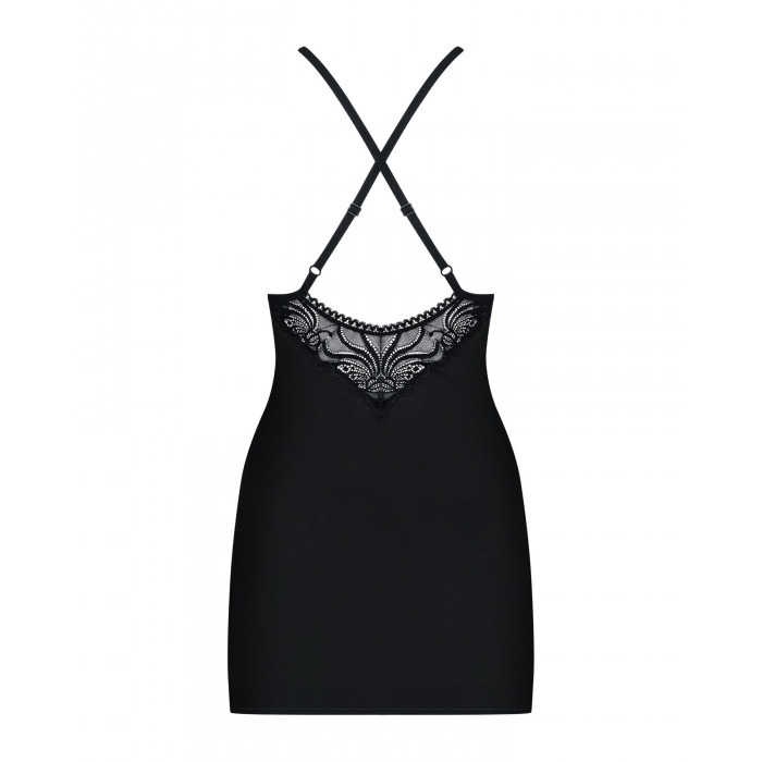 Сатиновий комплект для сну з мереживом Obsessive 828-CHE-1 chemise & thong L/XL, чорний, сорочка, ст