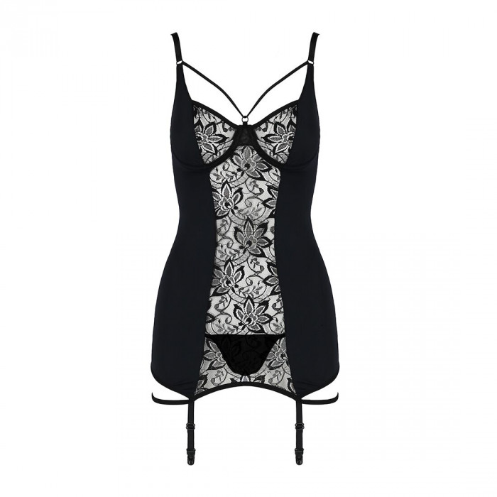 Сорочка приталенная с пажами PAULINE CHEMISE black S/M - Passion, трусики
