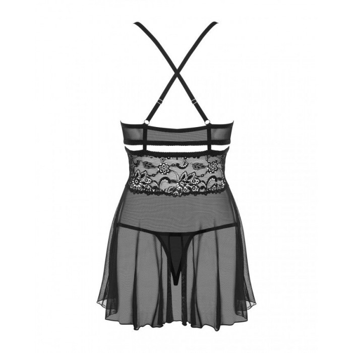 Еротичний мереживний комплект із сіточкою Obsessive 838-BAB-1babydoll & thong black S/M, чорний, пен
