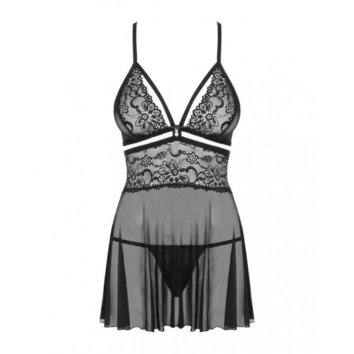 Еротичний мереживний комплект із сіточкою Obsessive 838-BAB-1babydoll & thong black S/M, чорний, пен