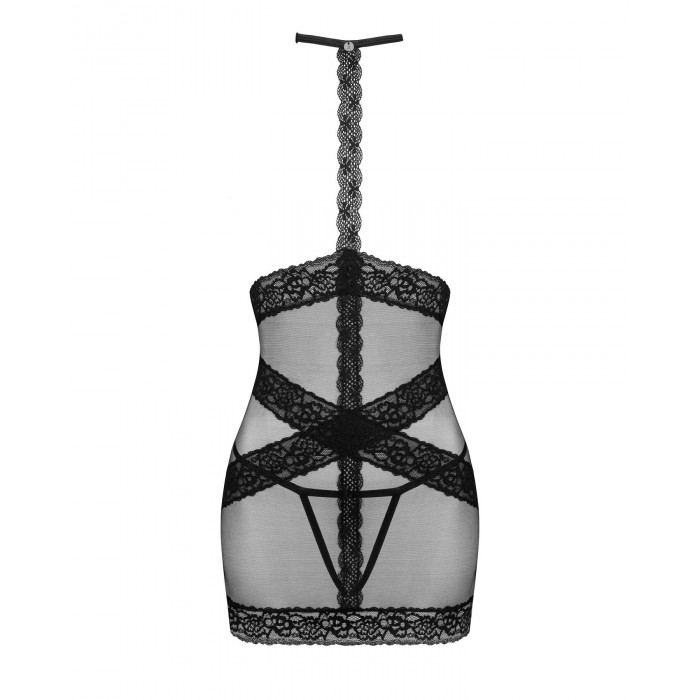 Напівпрозора сорочка з відкритими грудьми Obsessive Lacrisia chemise M/L, чорна, з чокером