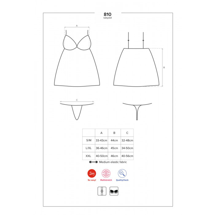 Сатиновий пеньюар із мереживом Obsessive 810-BAB-1 babydoll & thong S/M, чорний, пеньюар, танга
