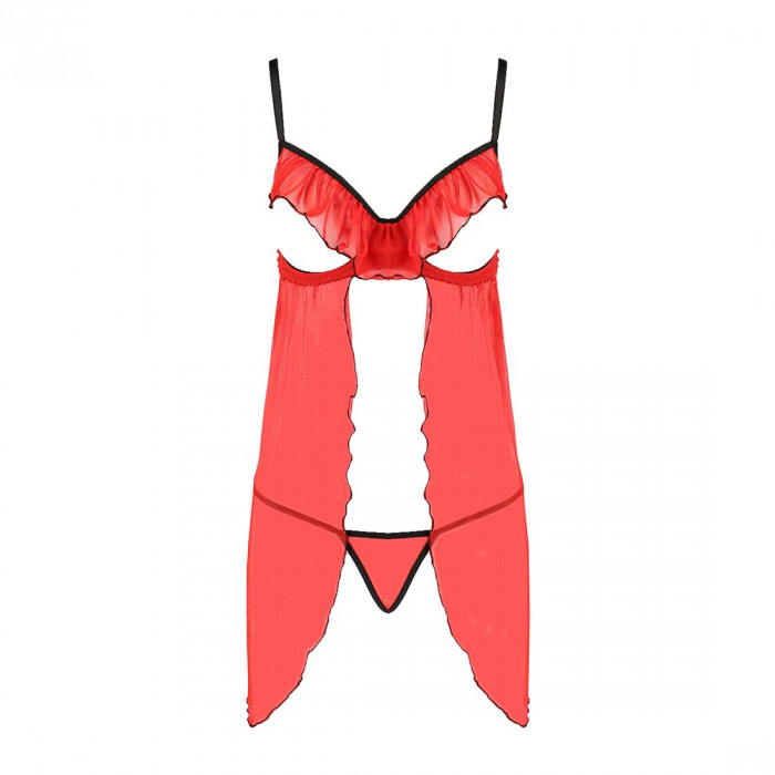 Прозорий пеньюар з відкритими грудьми CHERRY CHEMISE red S/M - Passion Exclusive, трусики