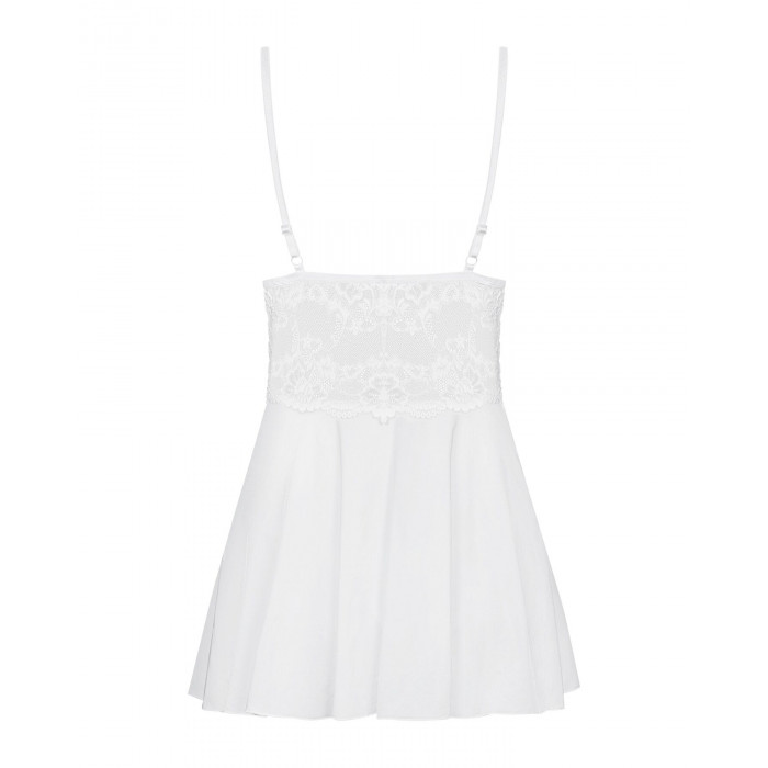 Сатиновий пеньюар з мереживом Obsessive 810-BAB-2 babydoll & thong L/XL, білий, пеньюар, танга
