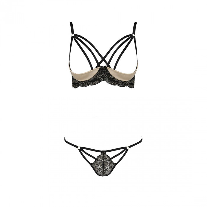 Комплект білизни VALERY SET OpenBra black S/M - Passion Exclusive: стрепи: трусики, відкритий ліф