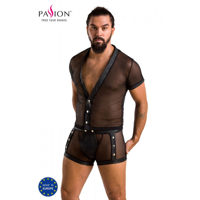 Комплект сетчатого мужского белья Passion 052 Set Michael L/XL Black, рубашка, боксеры, заклепки