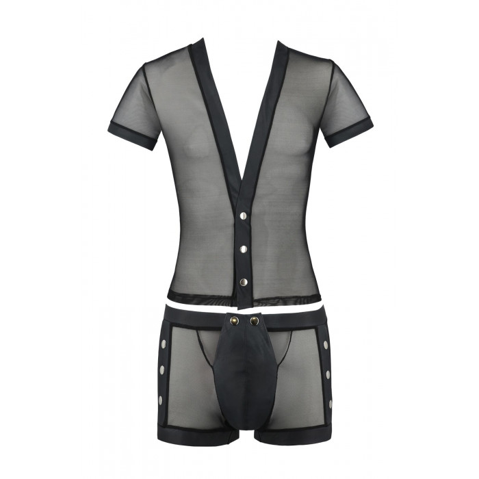 Комплект сетчатого мужского белья Passion 052 Set Michael L/XL Black, рубашка, боксеры, заклепки