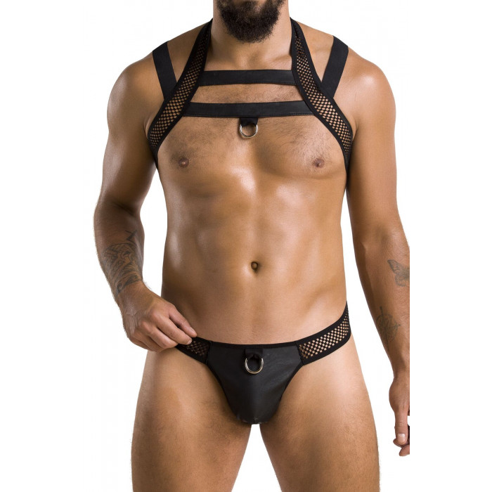 Комплект чоловічої білизни з кріпленнями Passion 043 Jacob S/M Black, труси, шлейки