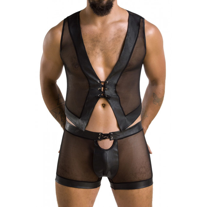 Комплект чоловічої білизни на шнурівці Passion 053 Set William XXL/XXXL Black, жилет, боксери