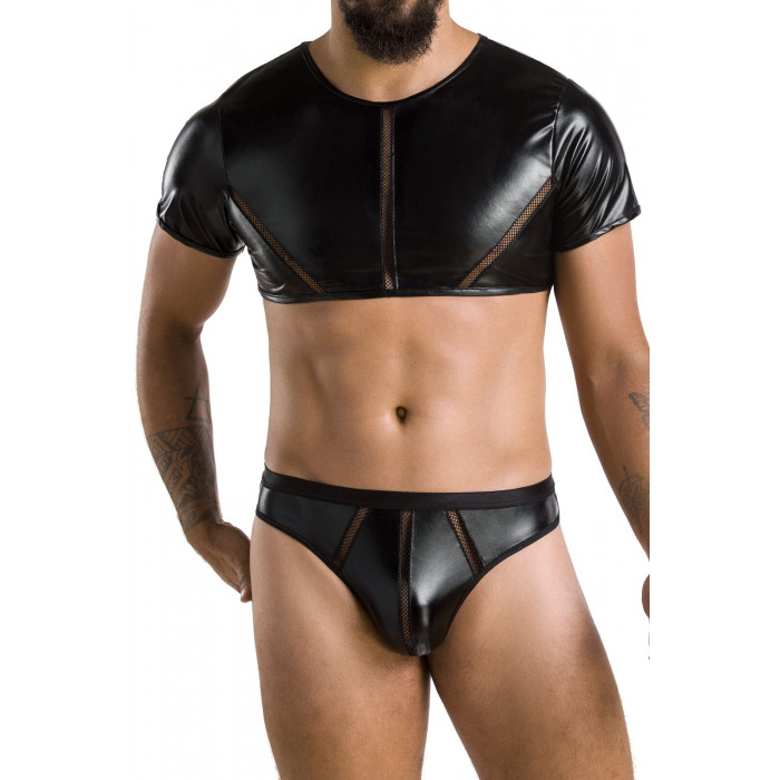 Комплект чоловічої білизни під латекс Passion 057 Set Peter XXL/XXXL Black, кроп-топ, стринги